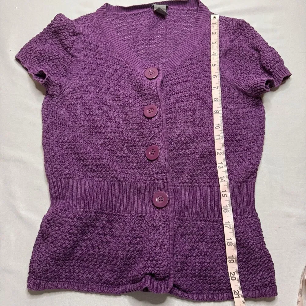Ann Taylor Women’s M Purple Linen Cotton Short Sleeve Button Front Knit Cardigan